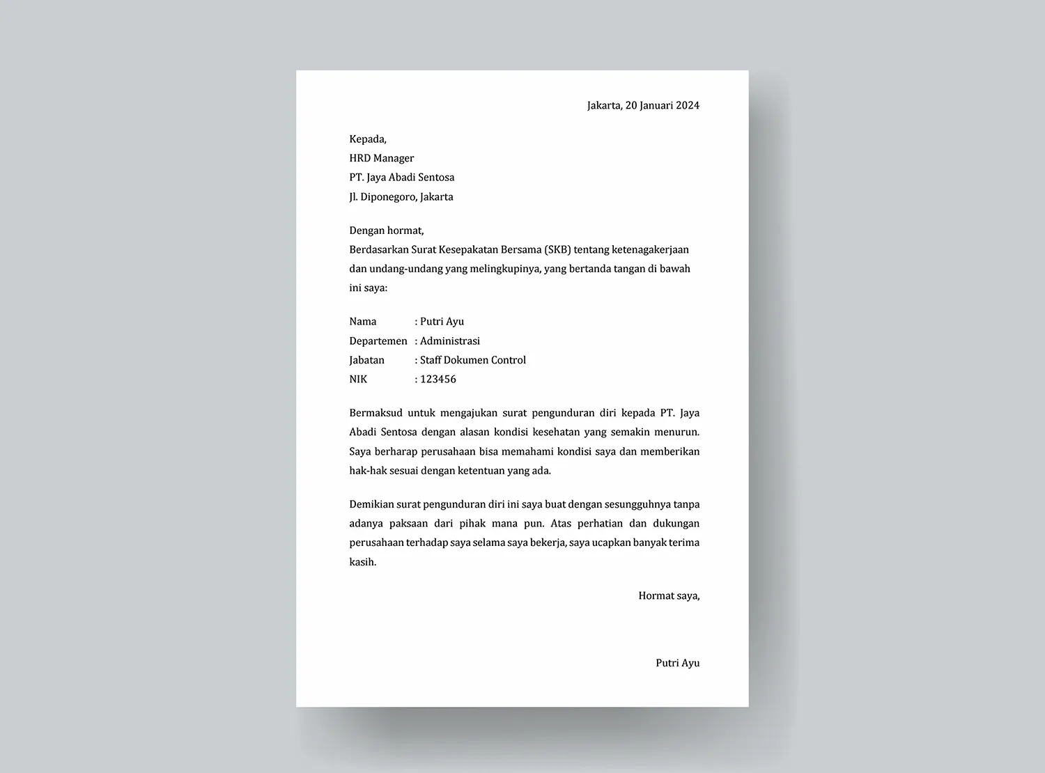 Contoh 6 Surat Pengunduran DIri Dari Perusahaan