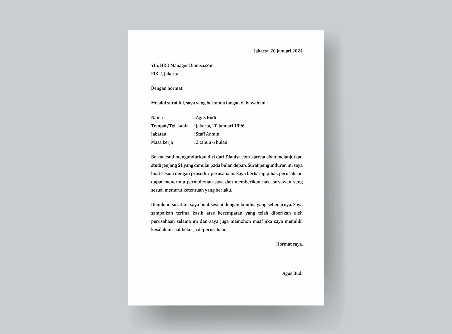 Contoh 7 Surat Pengunduran DIri Dari Pekerjaan