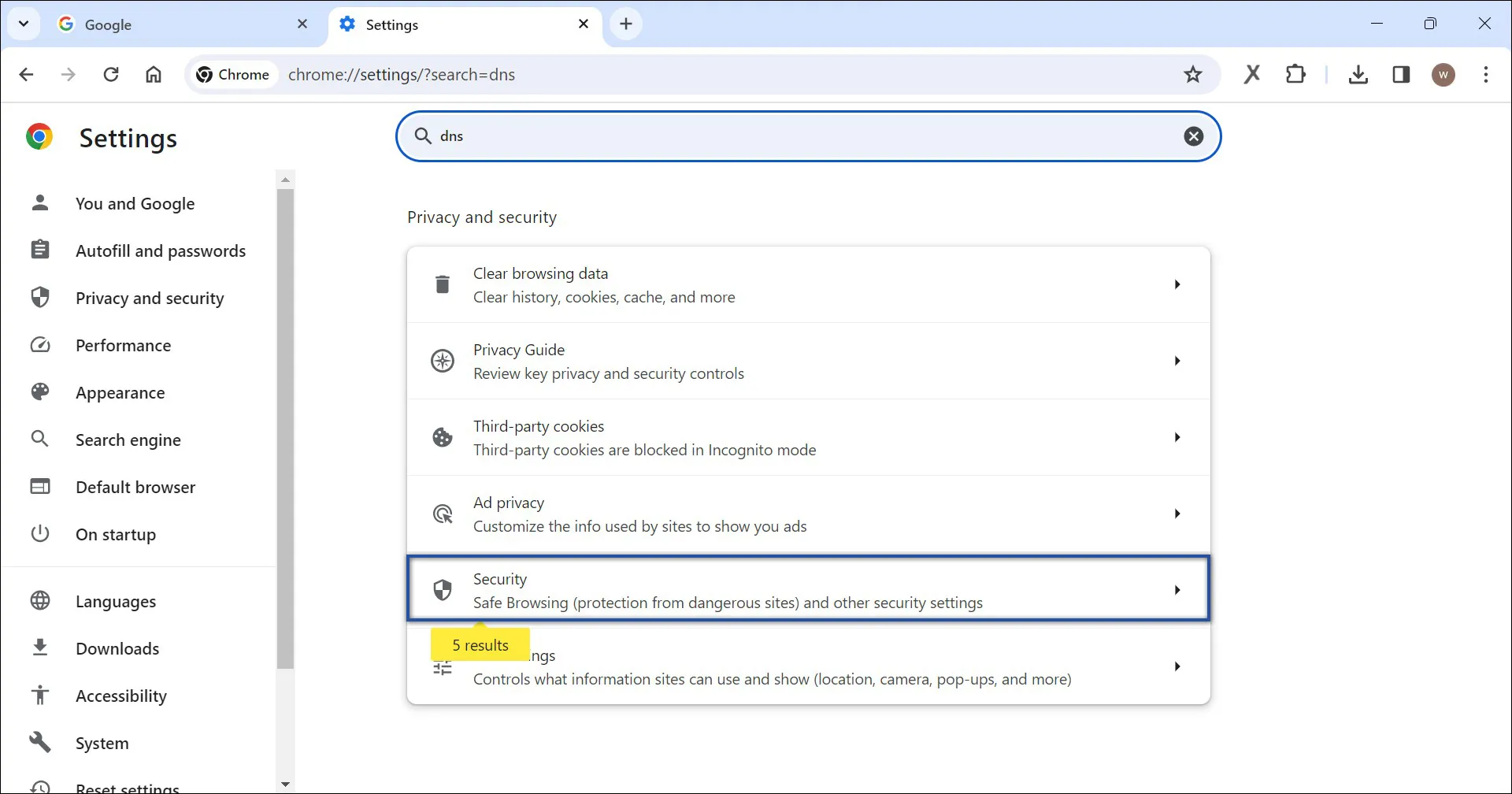 2. Akses menu DNS lewat Pencarian Google Chrome