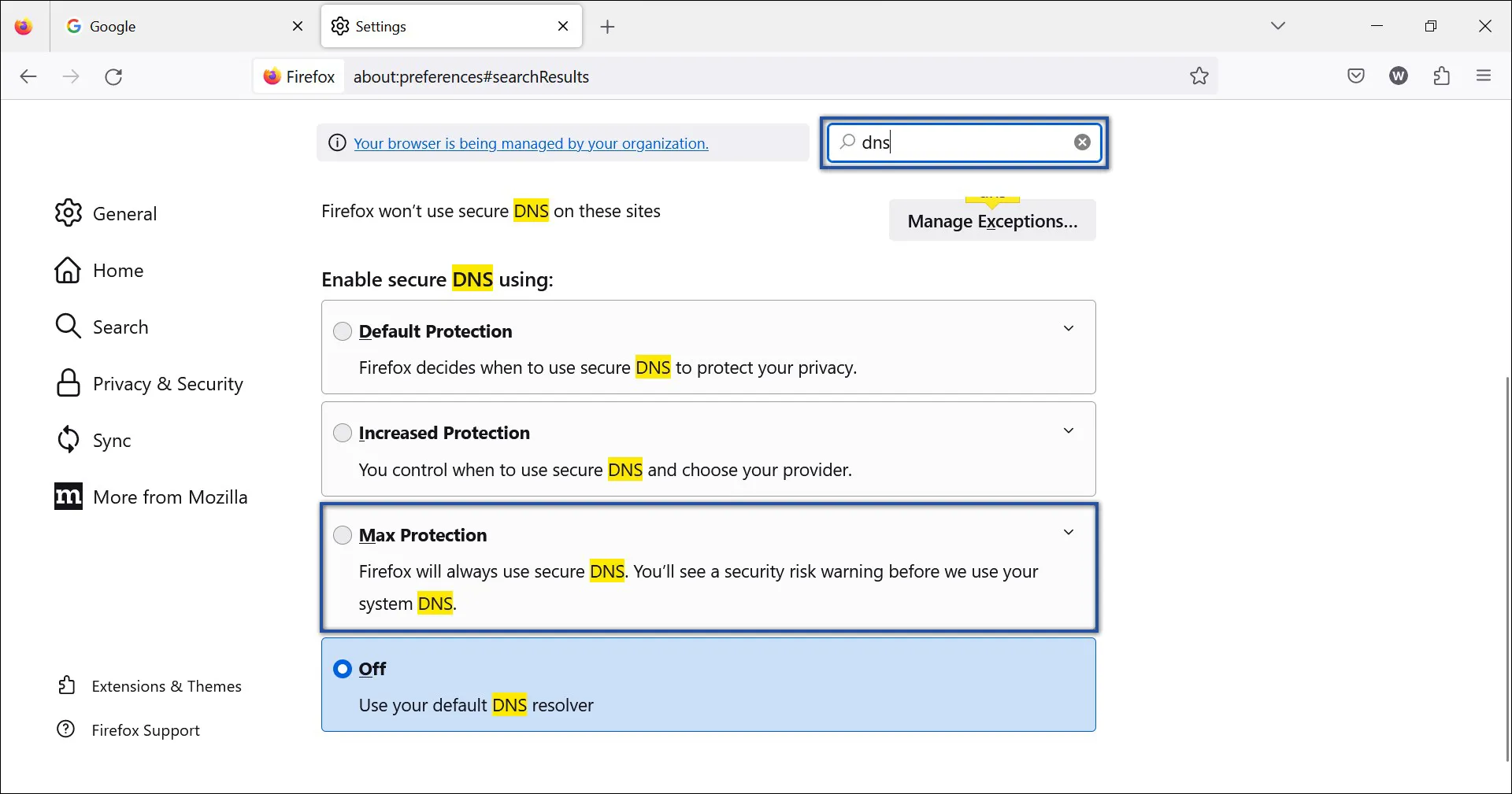 2. Akses menu DNS lewat Pencarian Mozilla Firefox