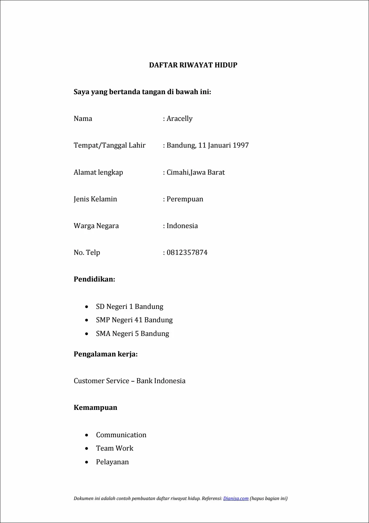 Contoh 10 – Daftar riwayat hidup