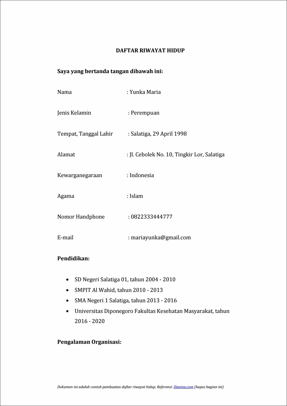 Contoh 3 – Daftar riwayat hidup tanpa pengalaman