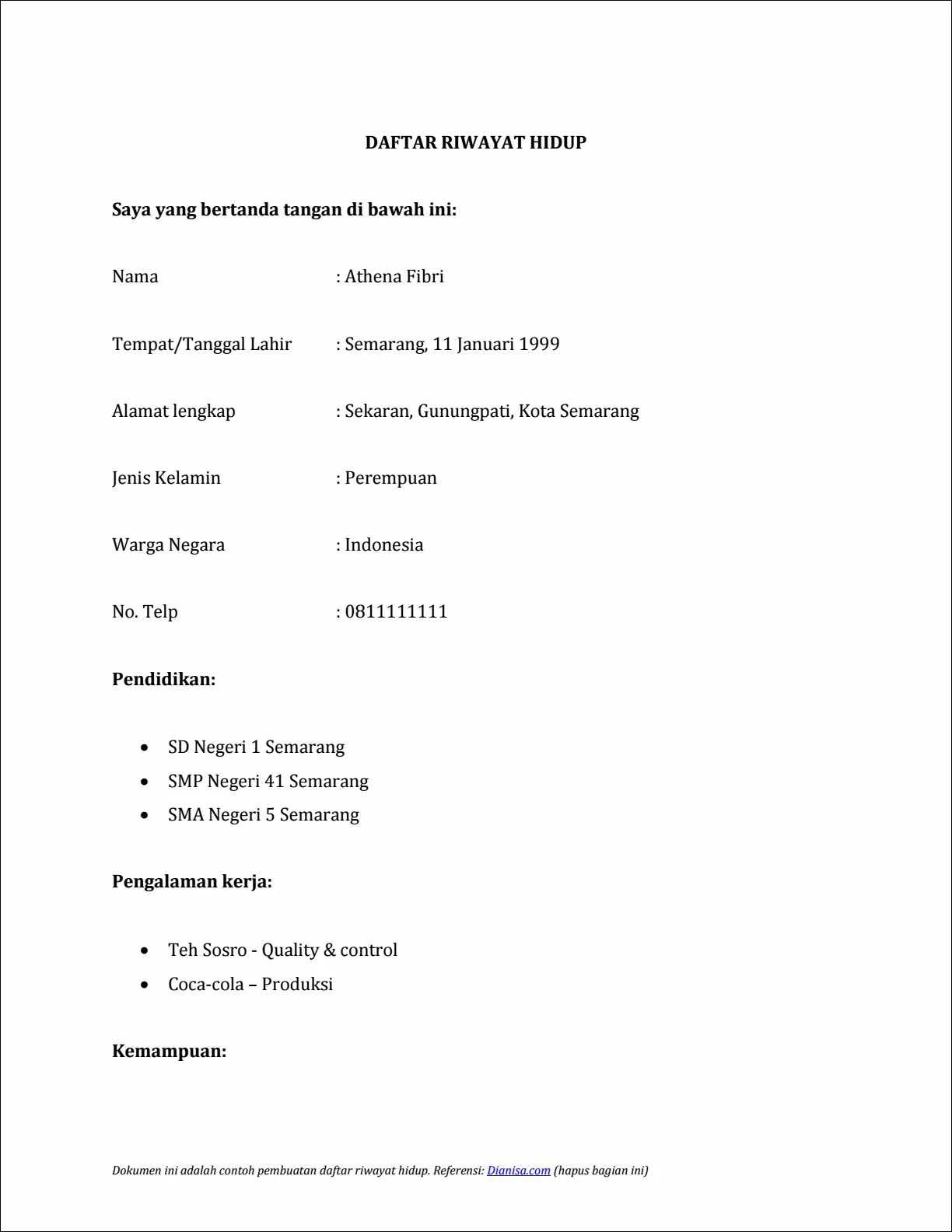 Contoh 6 – Daftar riwayat hidup tulis tangan singkat