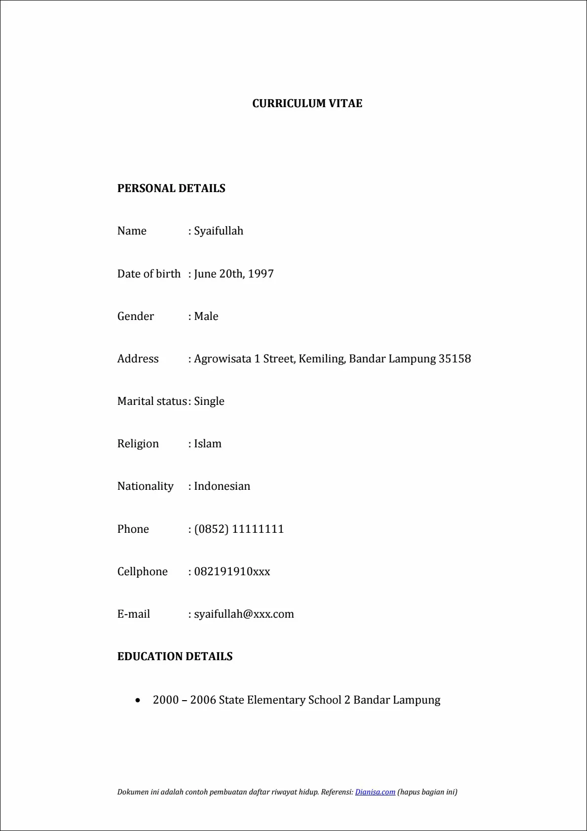 Contoh 7 – Daftar riwayat hidup bahasa Inggris