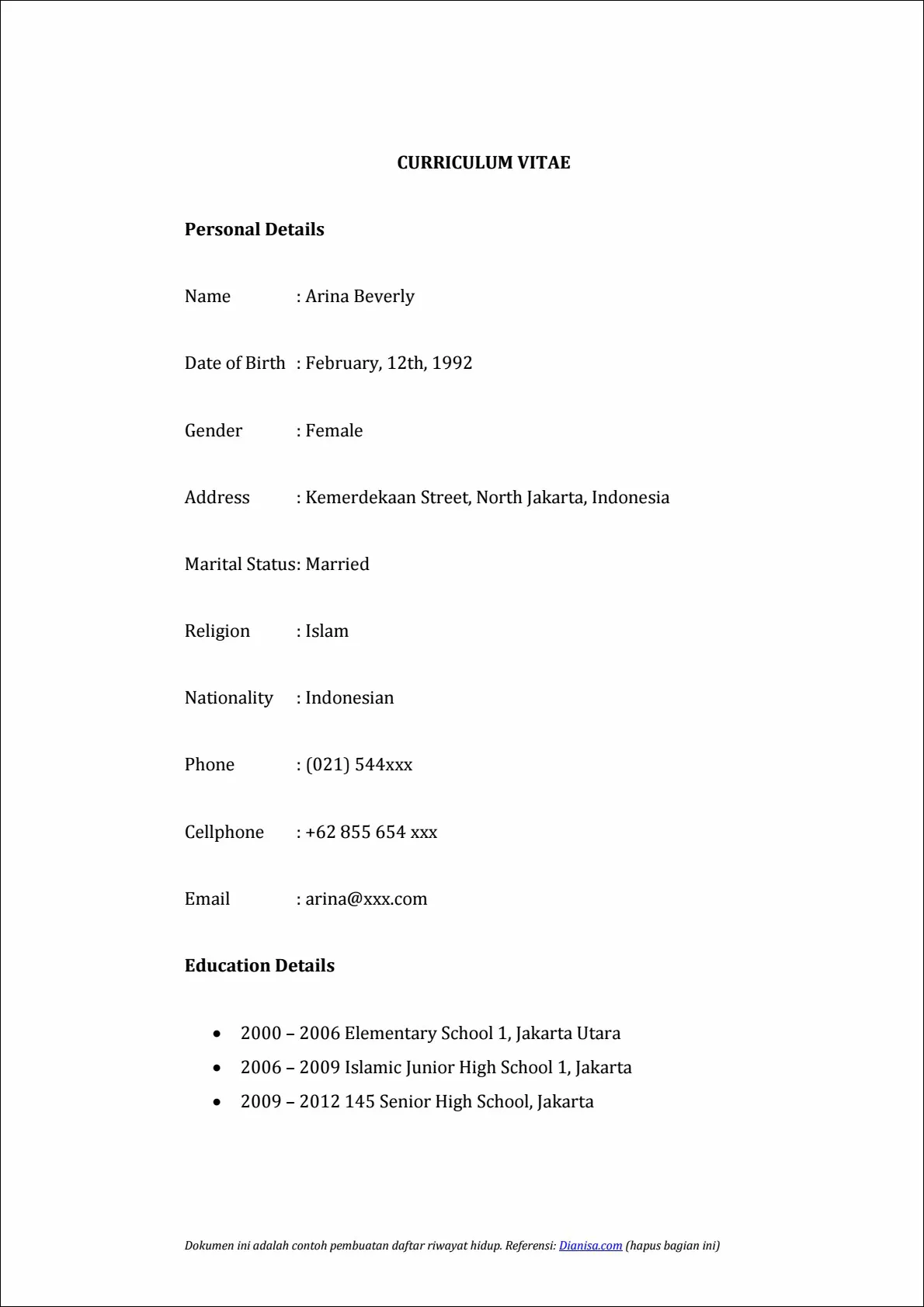 Contoh 8 – Daftar riwayat hidup bahasa Inggris singkat