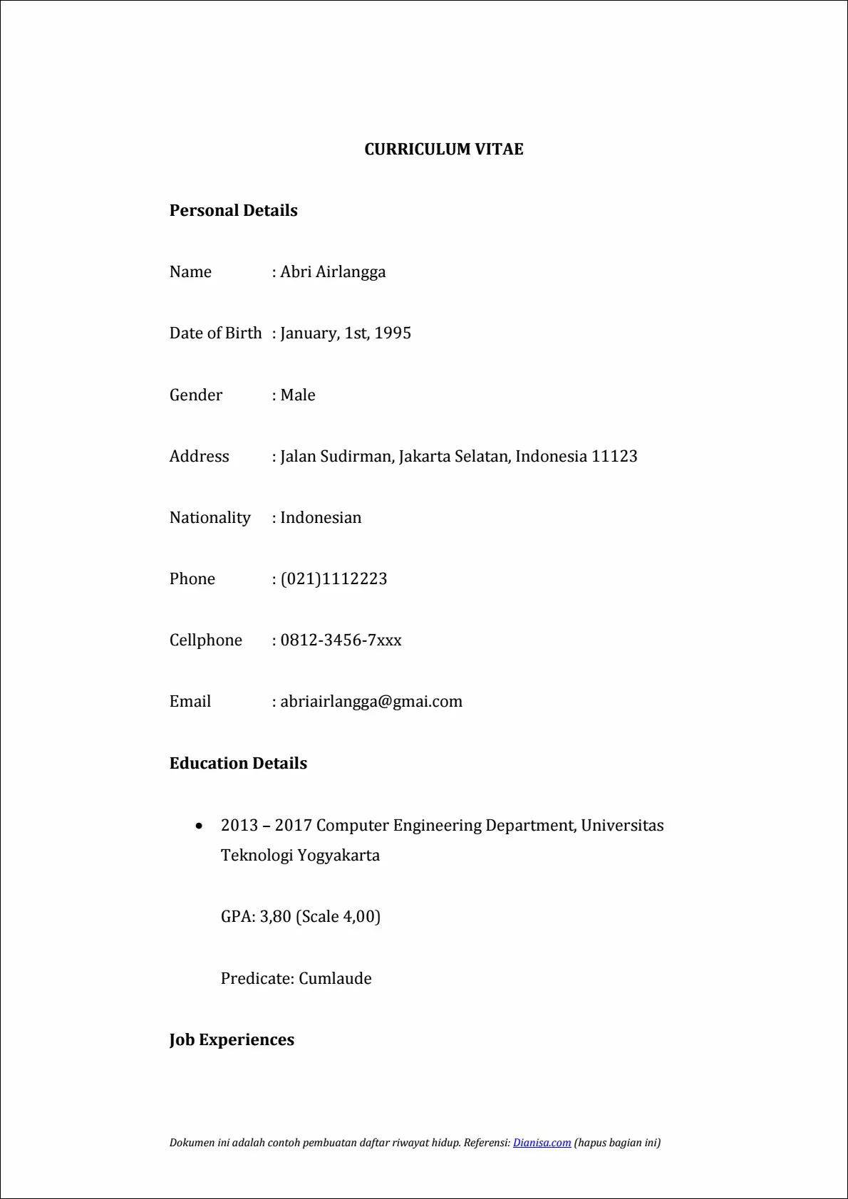 Contoh 9 – Daftar riwayat hidup bahasa Inggris