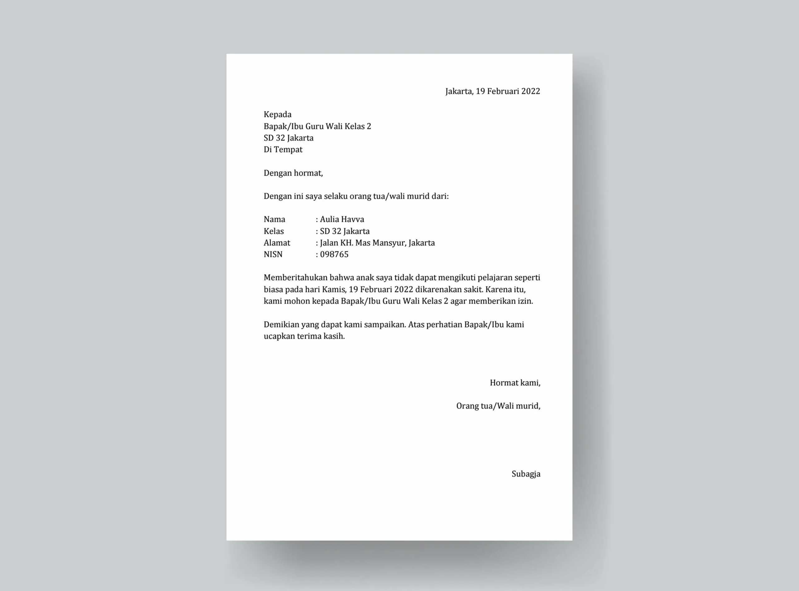 Surat Izin Tidak Masuk Sekolah Anak SD