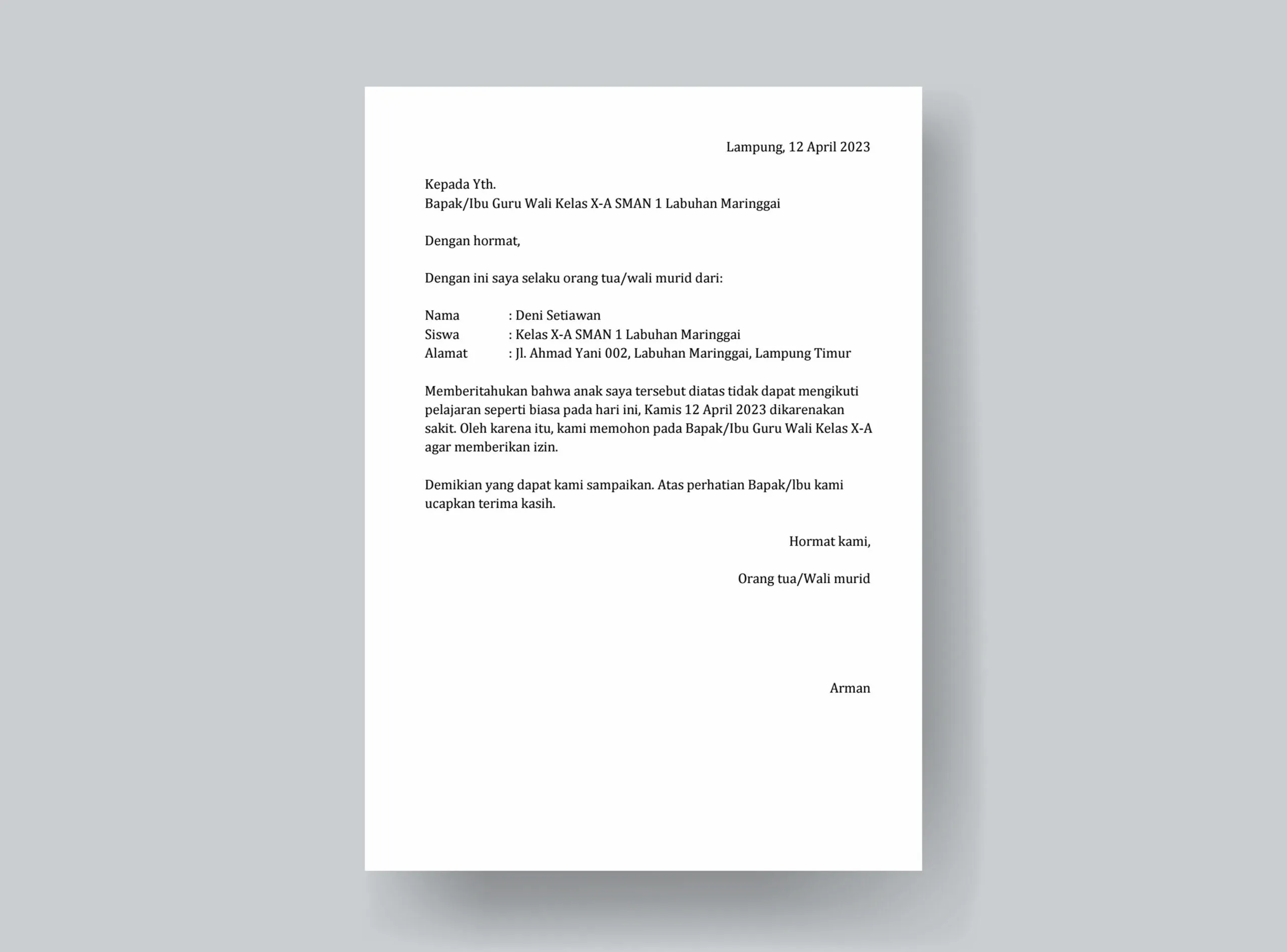 Surat Izin Tidak Masuk Sekolah Anak SMA