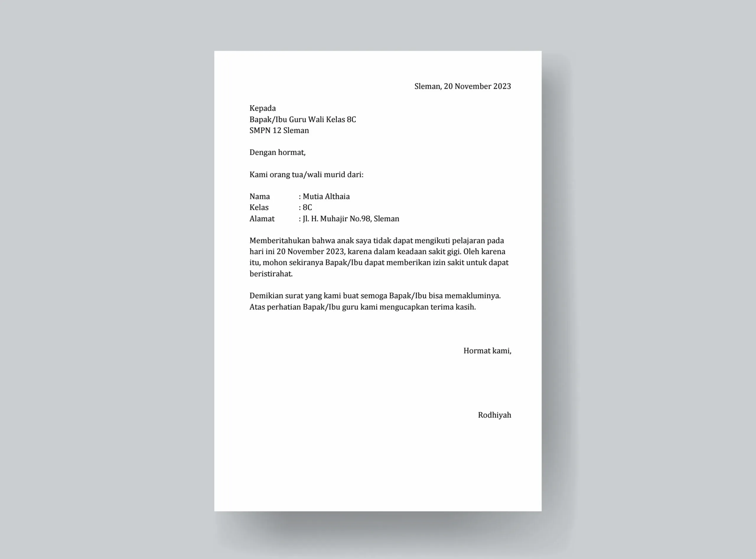 Surat Izin Tidak Masuk Sekolah Anak SMP