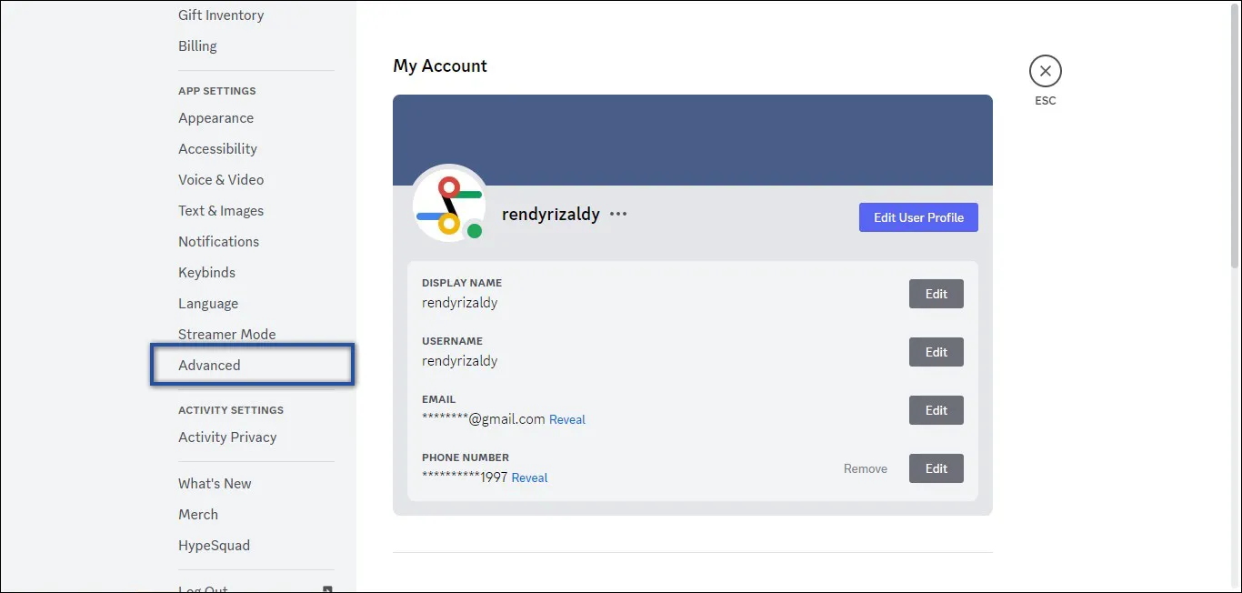 02. Cari Menu Advanced di Discord PC
