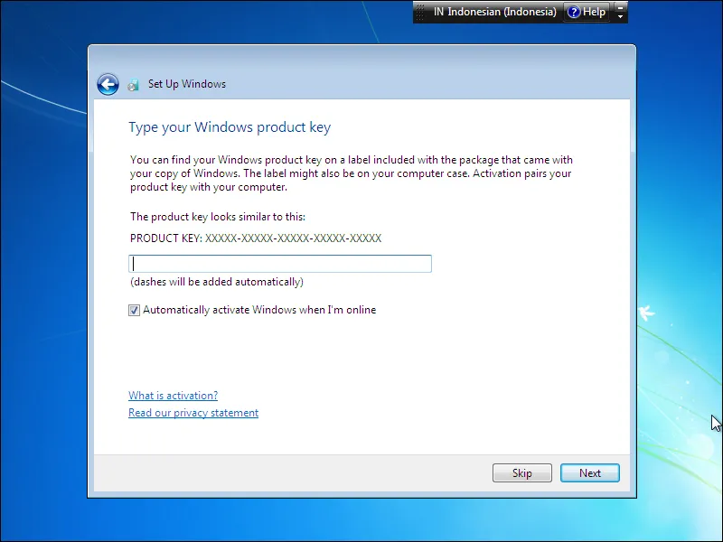 12. Input Product Key ketika Instalasi Windows 7