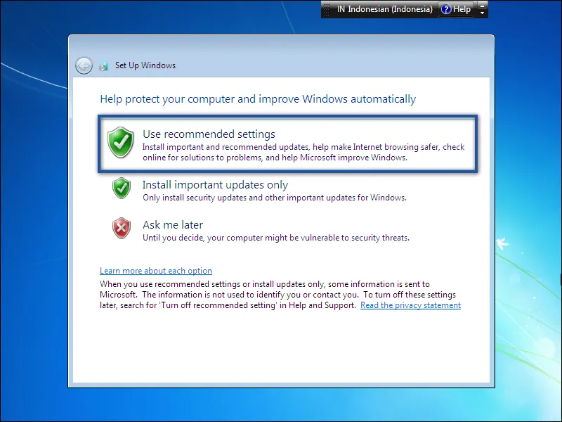 13. Memilih opsi protecting komputer user dari Microsoft untuk Windows 7
