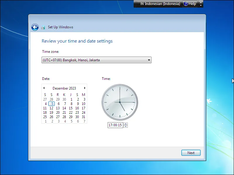 14. Memilih konfigurasi Zona Waktu, tanggal dan jam pada instalasi Windows 7