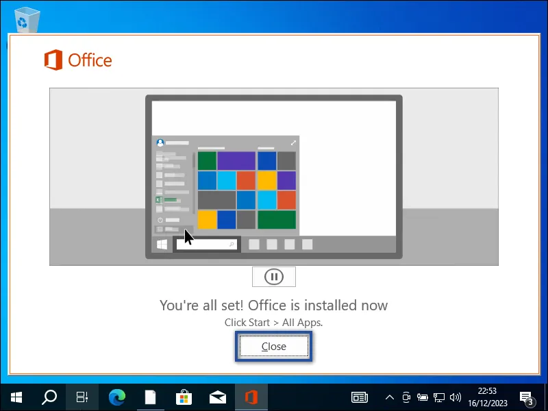 3-3. Kotak dialog instalasi Microsoft Office 2016 selesai