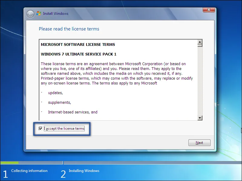 4. Menyetujui ketentuan penggunaan lisensi Windows 7
