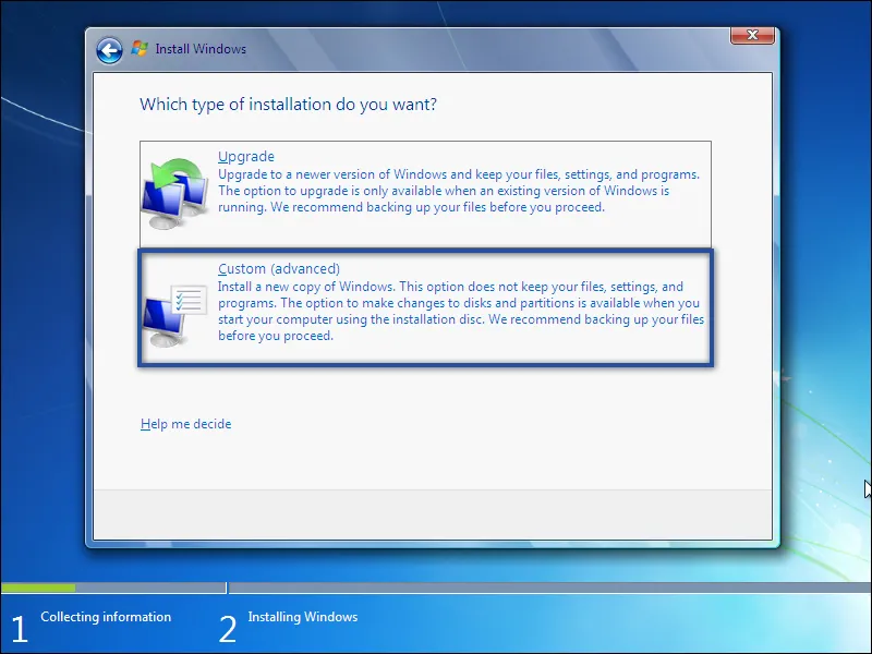 5. Memilih jenis instalasi Windows 7