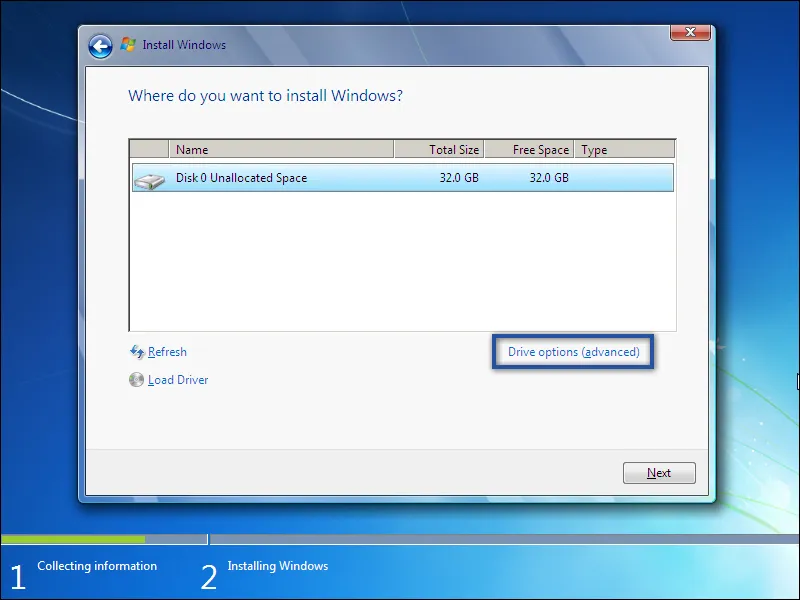 6-1. Klik Drive options (advanced) instalasi Windows 7