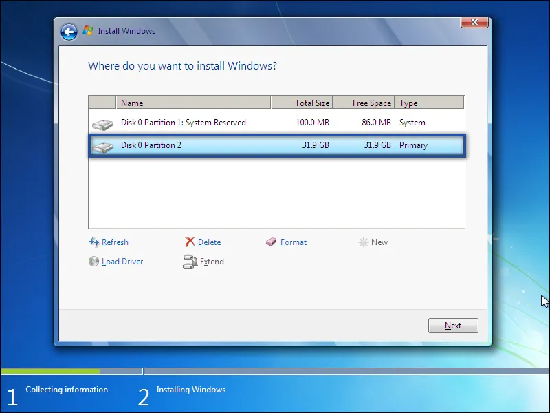 7. Memilih partisi untuk install Windows 7