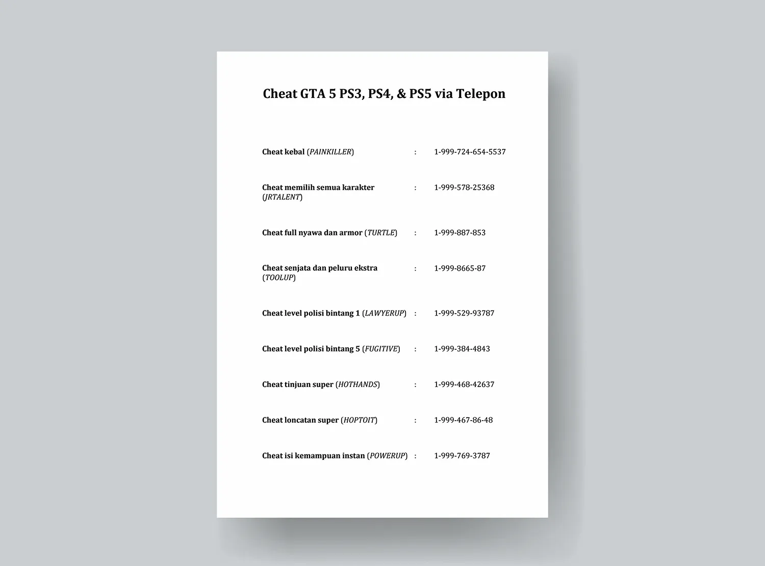 Cheat GTA 5 PS3, PS4, PS5 via Telepon