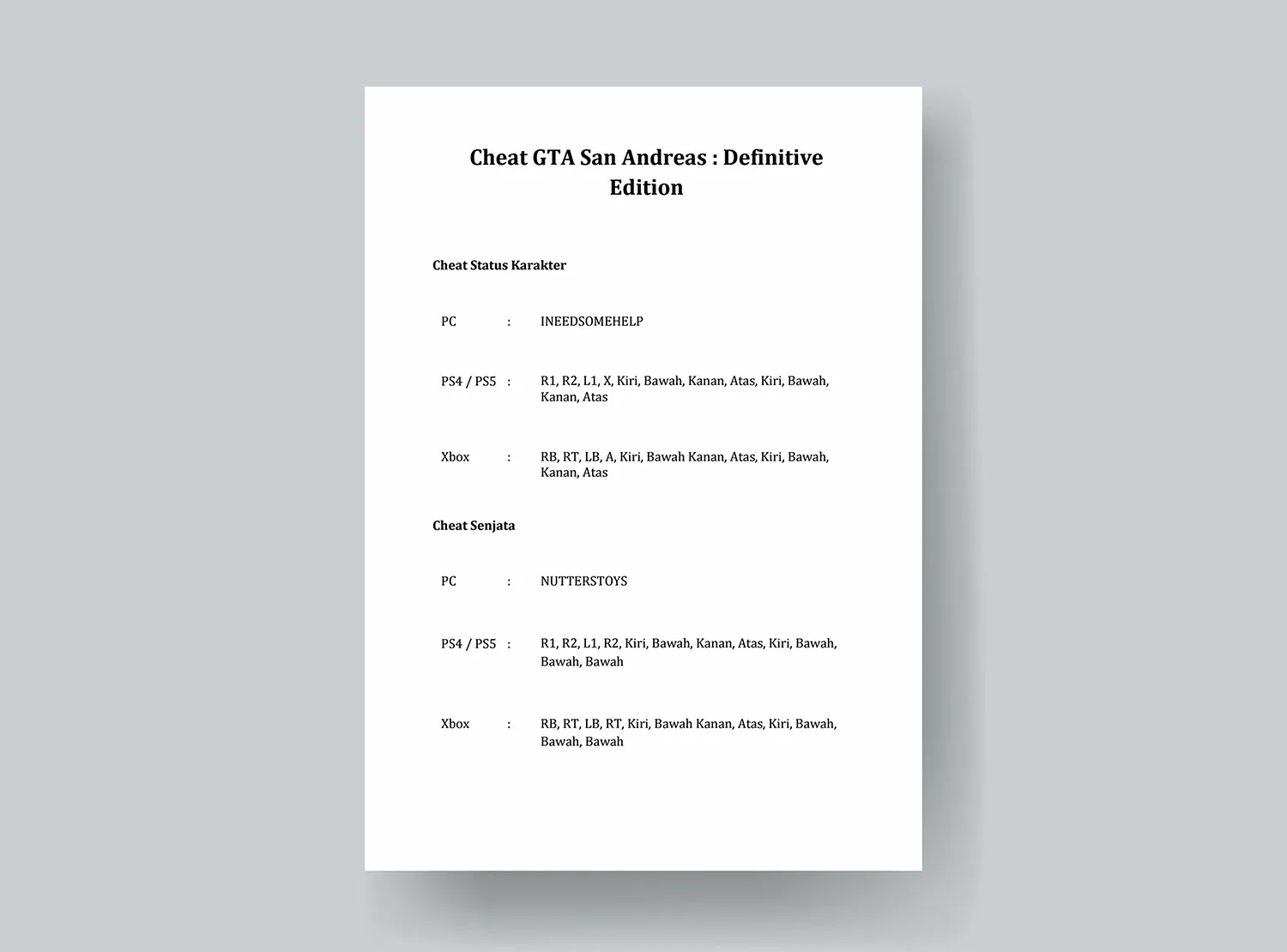 Cheat GTA San Andreas - Definitive Edition