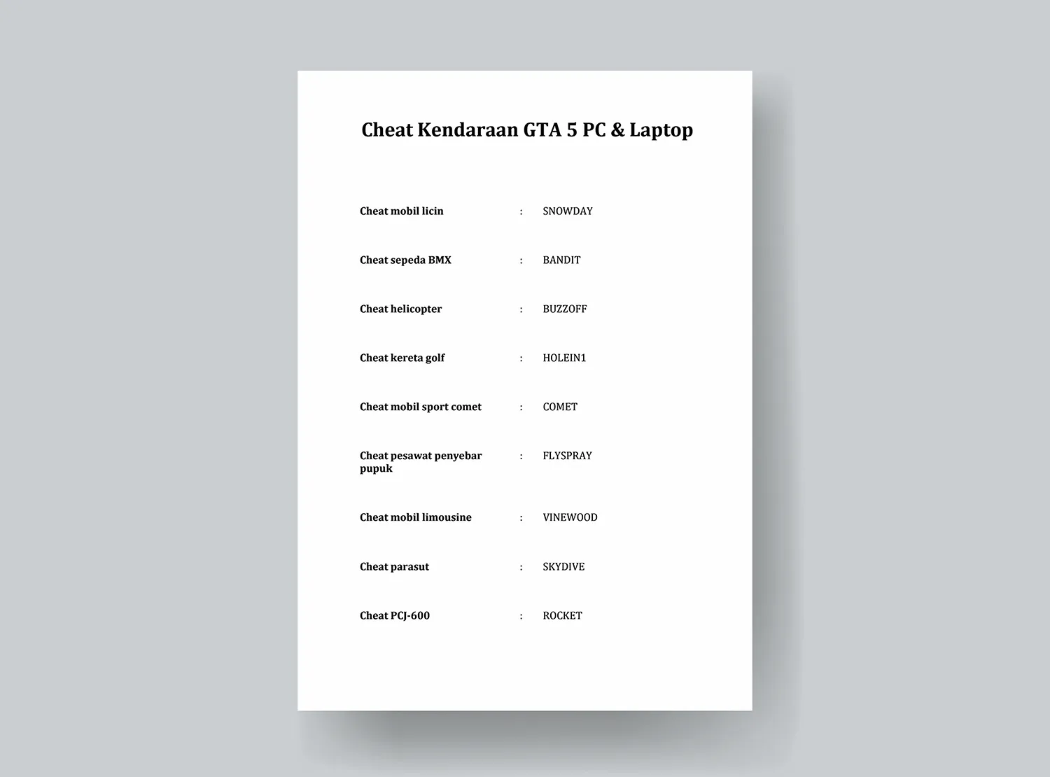 Cheat Kendaraan GTA 5 PS3, PS4, PS5