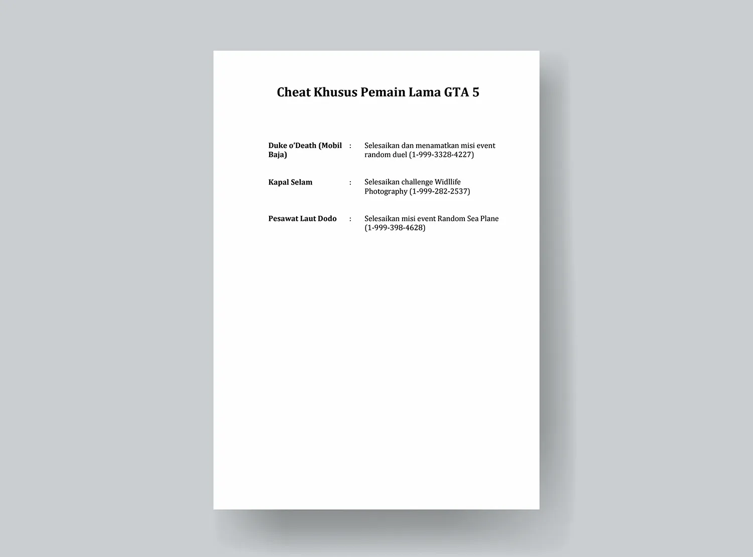 Cheat Khusus Pemain Lama GTA 5