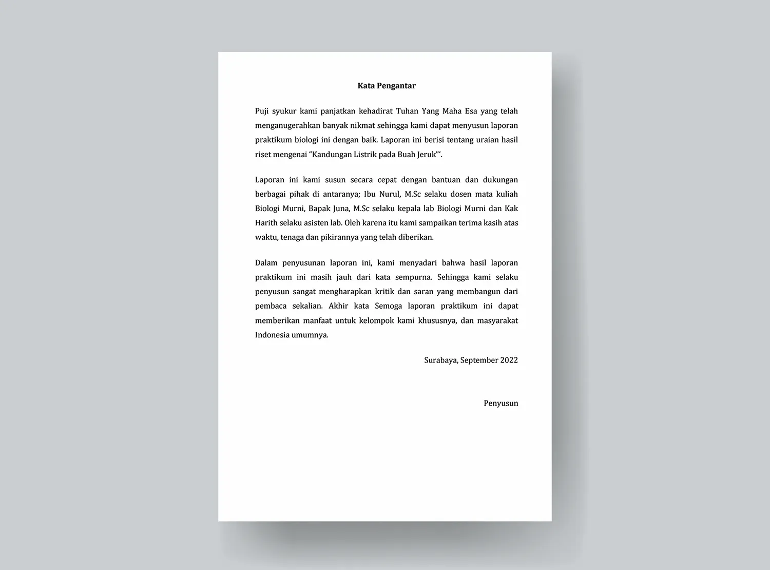 Contoh Kata Pengantar Laporan Praktikum