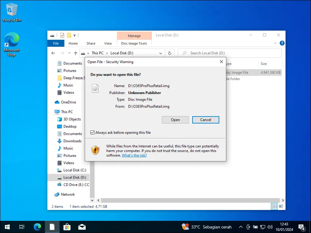 2. Kotak security warning instalasi Microsoft 365