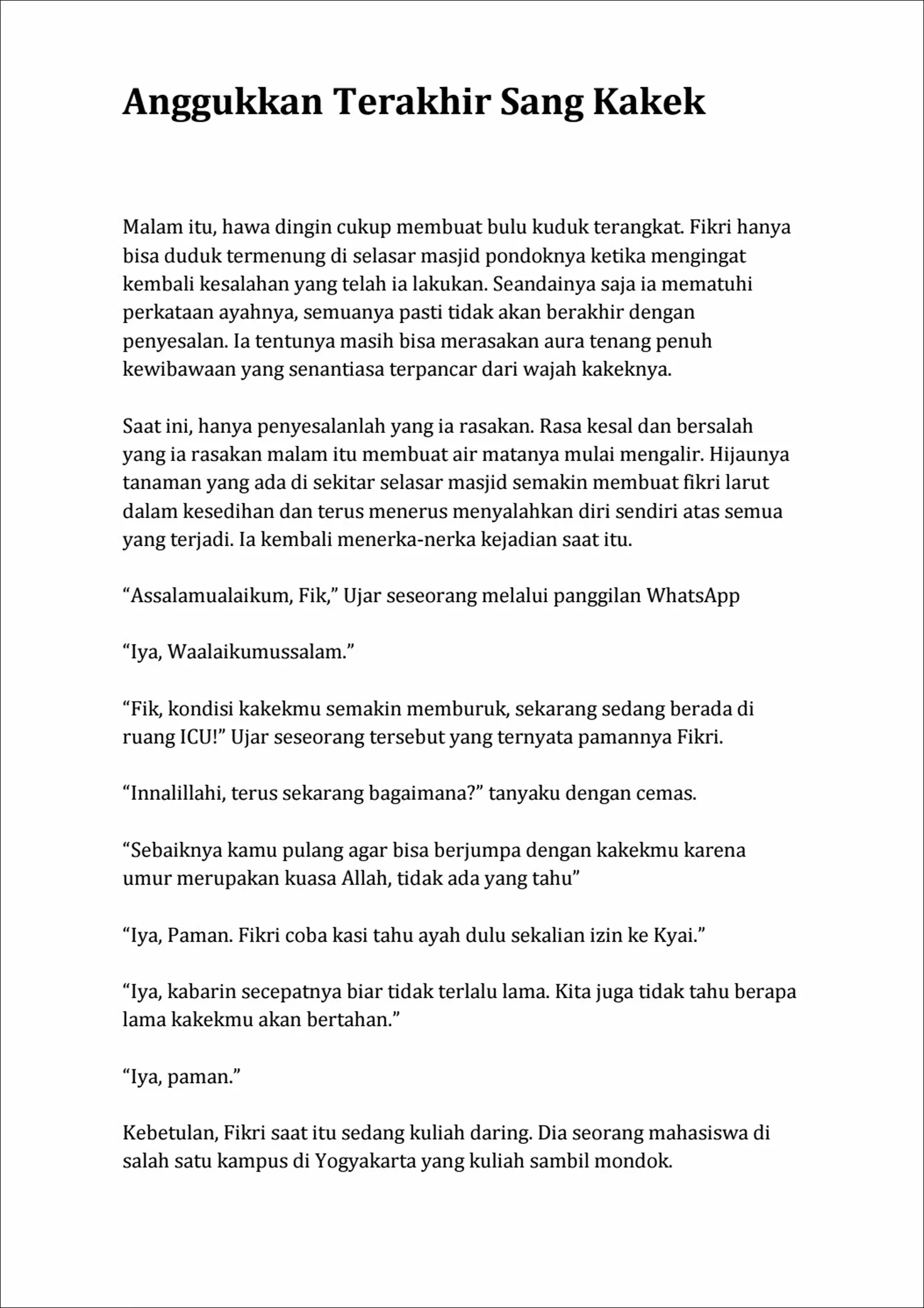 Contoh 4 Cerpen Sedih - Anggukkan Terakhir Sang Kakek