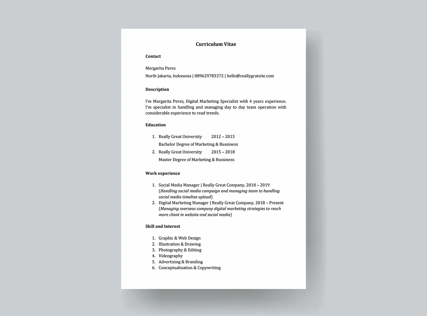 Contoh CV ATS Digital Merketing