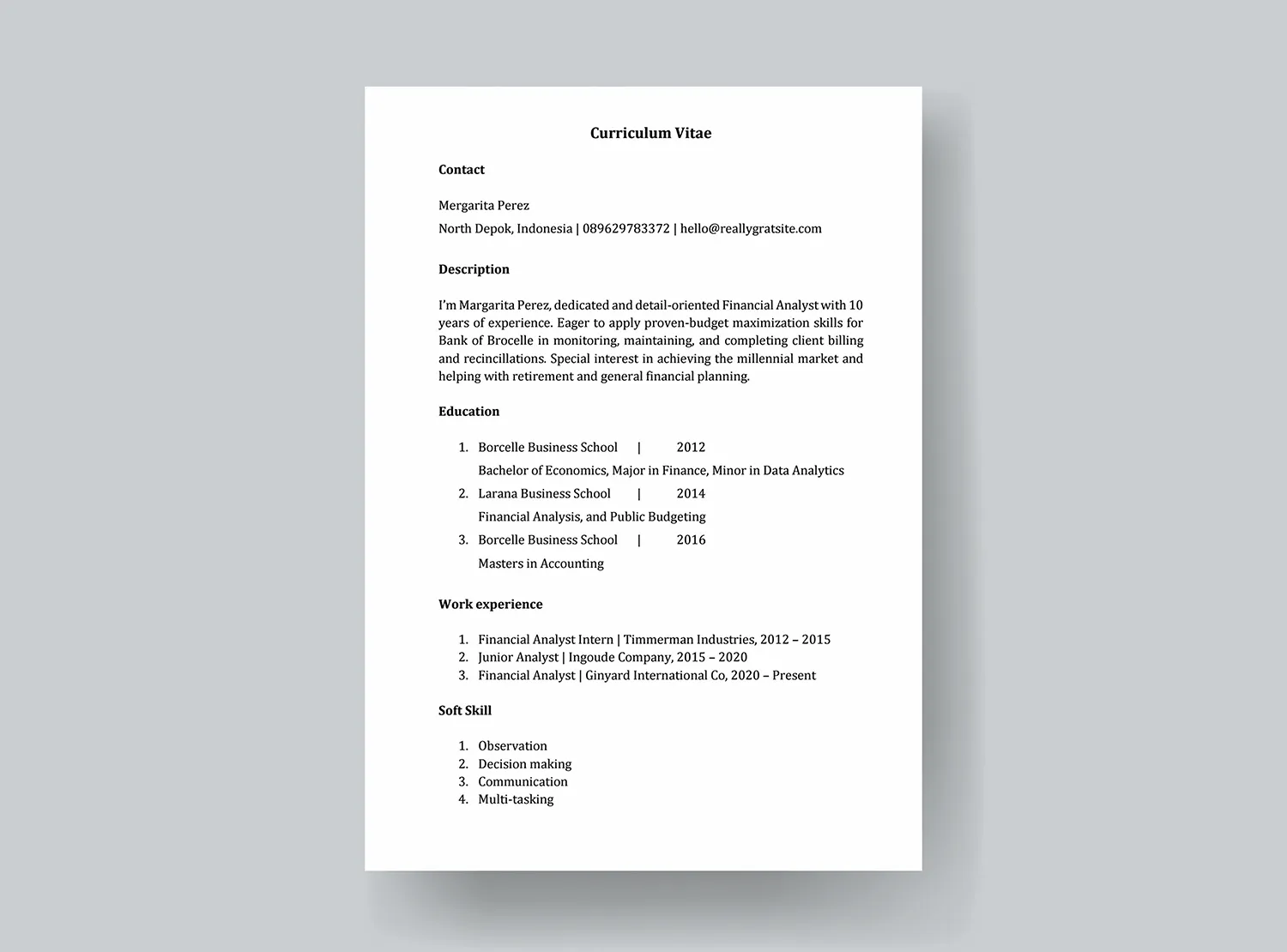 Contoh CV ATS Financial Analyst