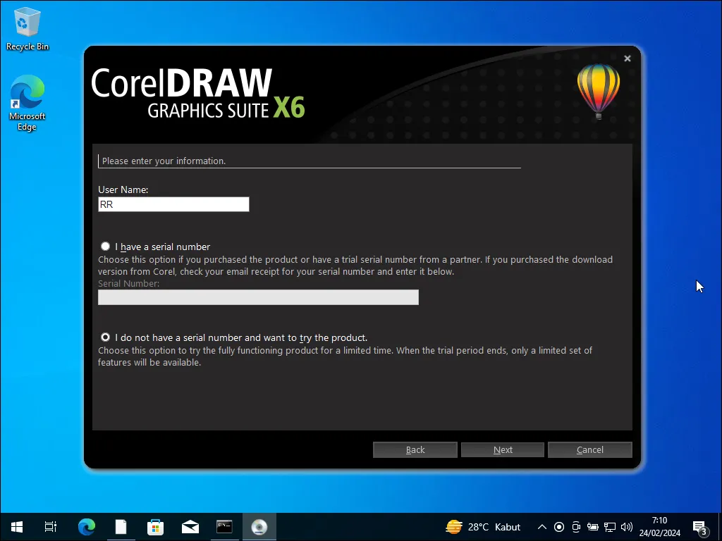 07 - Memasukkan informasi username dan opsi inputan serial number pada instalasi CorelDraw X6