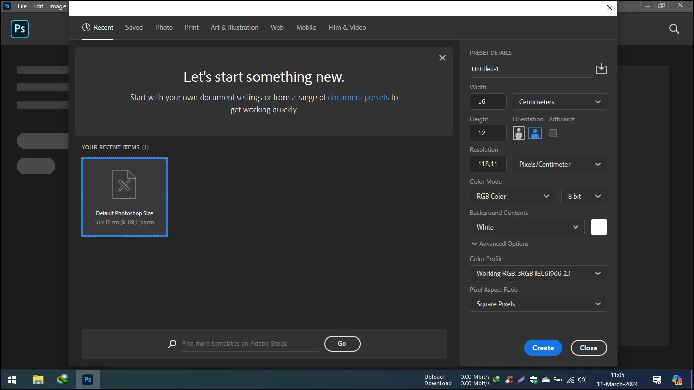 07 Tampilan Create Document Adobe Photoshop 2020