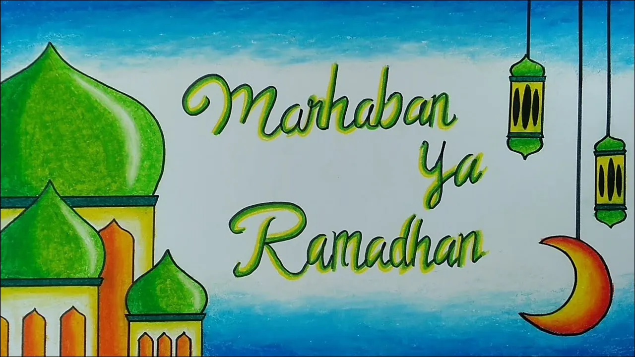 Gambar 21 Poster Marhaban Ya Ramadhan tema Masjid dan Bulan Sabit