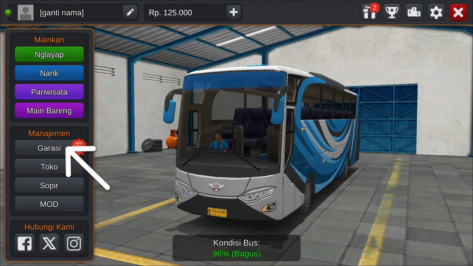 Langkah 1 Tekan menu Garasi - Livery Bussid Sadewa