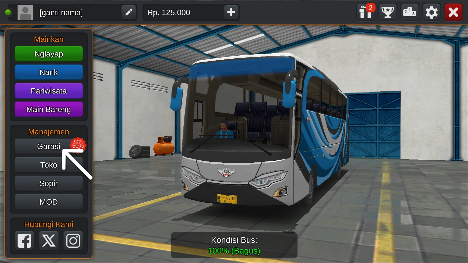 Langkah 1. Tekan menu Garasi - Livery Bussid PO Haryanto