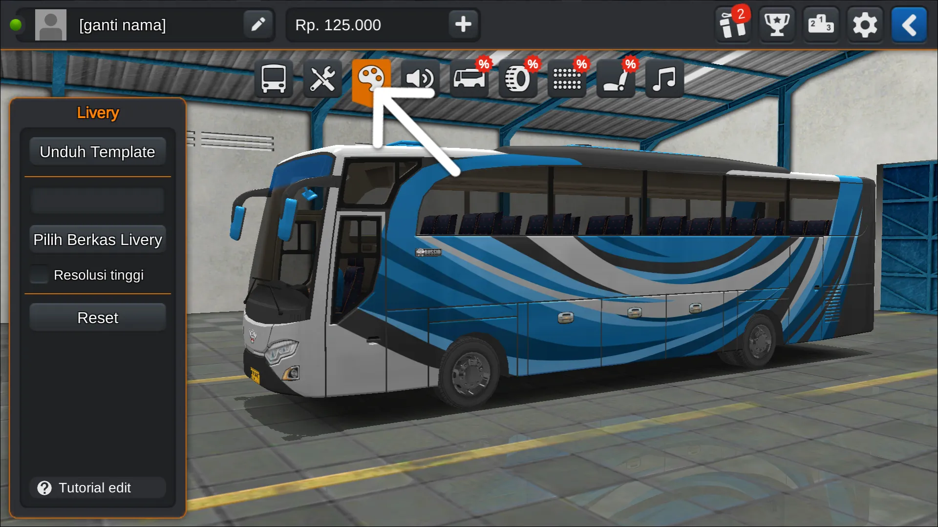 Langkah 2 Tekan ikon Palet Warna - Livery Bussid SDD Super Mewah