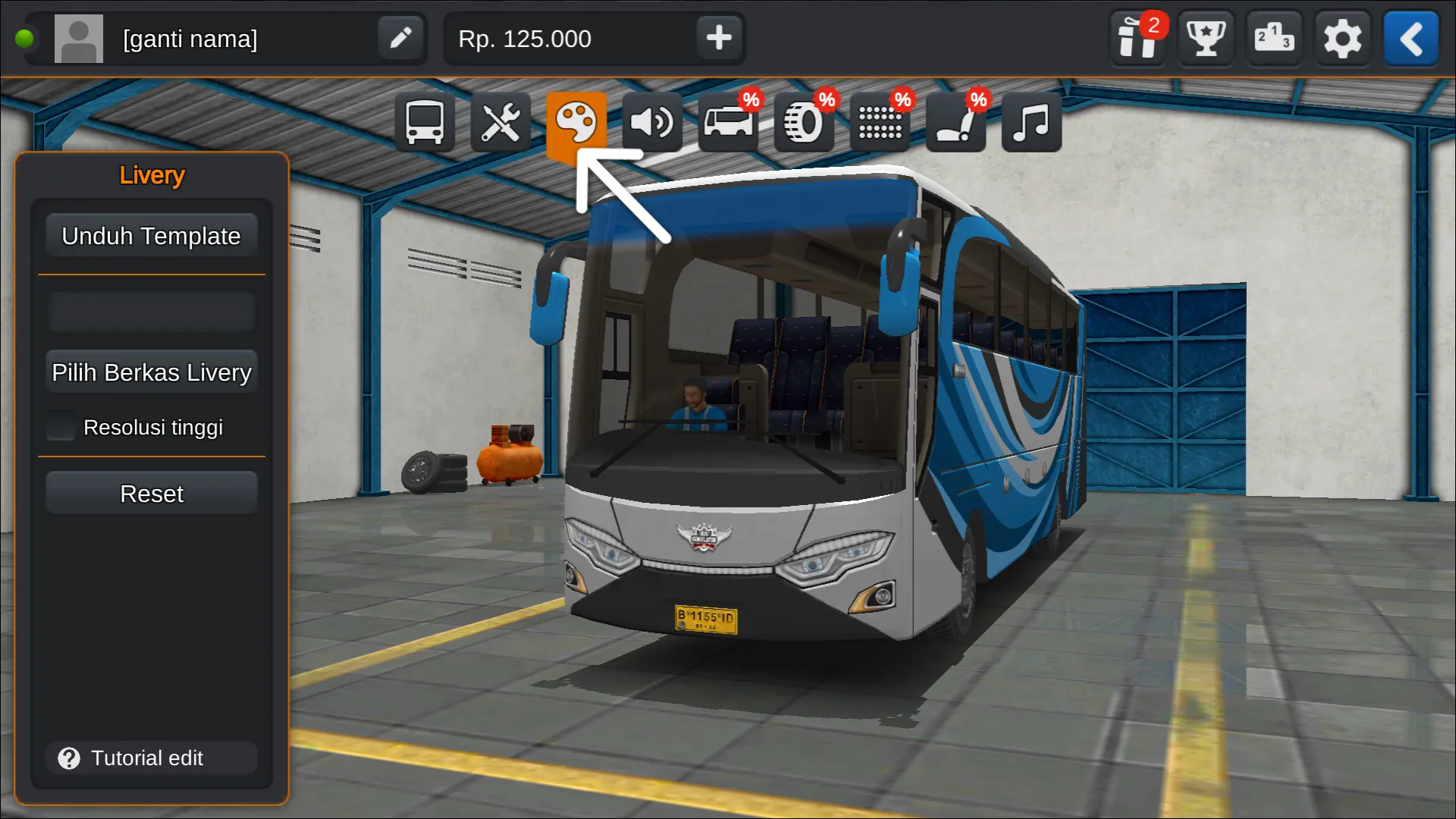 Langkah 2. Tekan ikon Palet Warna - Livery Bussid PO Haryanto