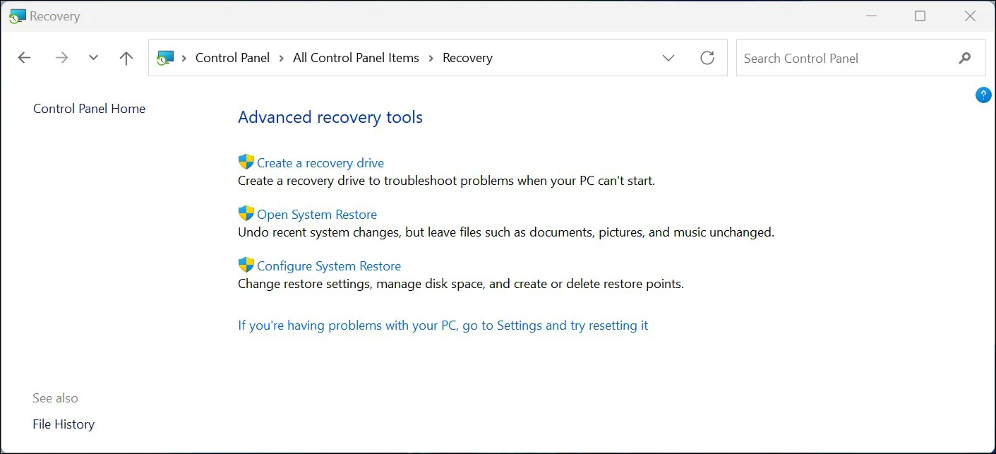 System Restore Windows 11 Control Panel