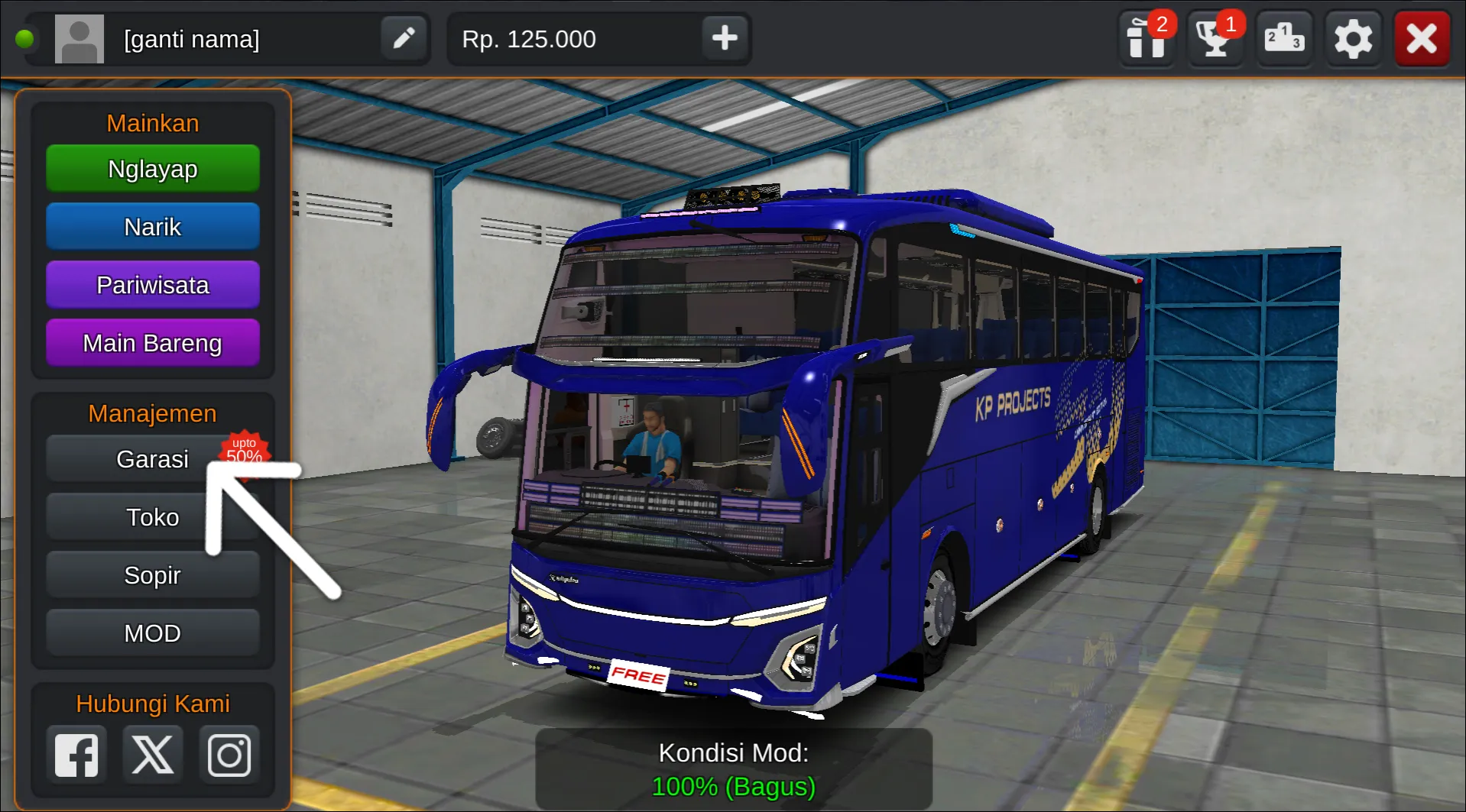 Langkah 1 Tekan menu Garasi - Livery Bussid 3D
