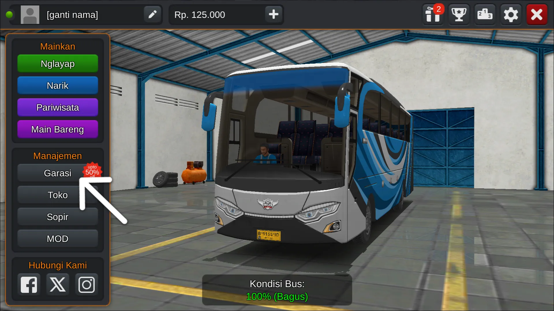 Langkah 1 Tekan menu Garasi - Livery Bussid Arjuna