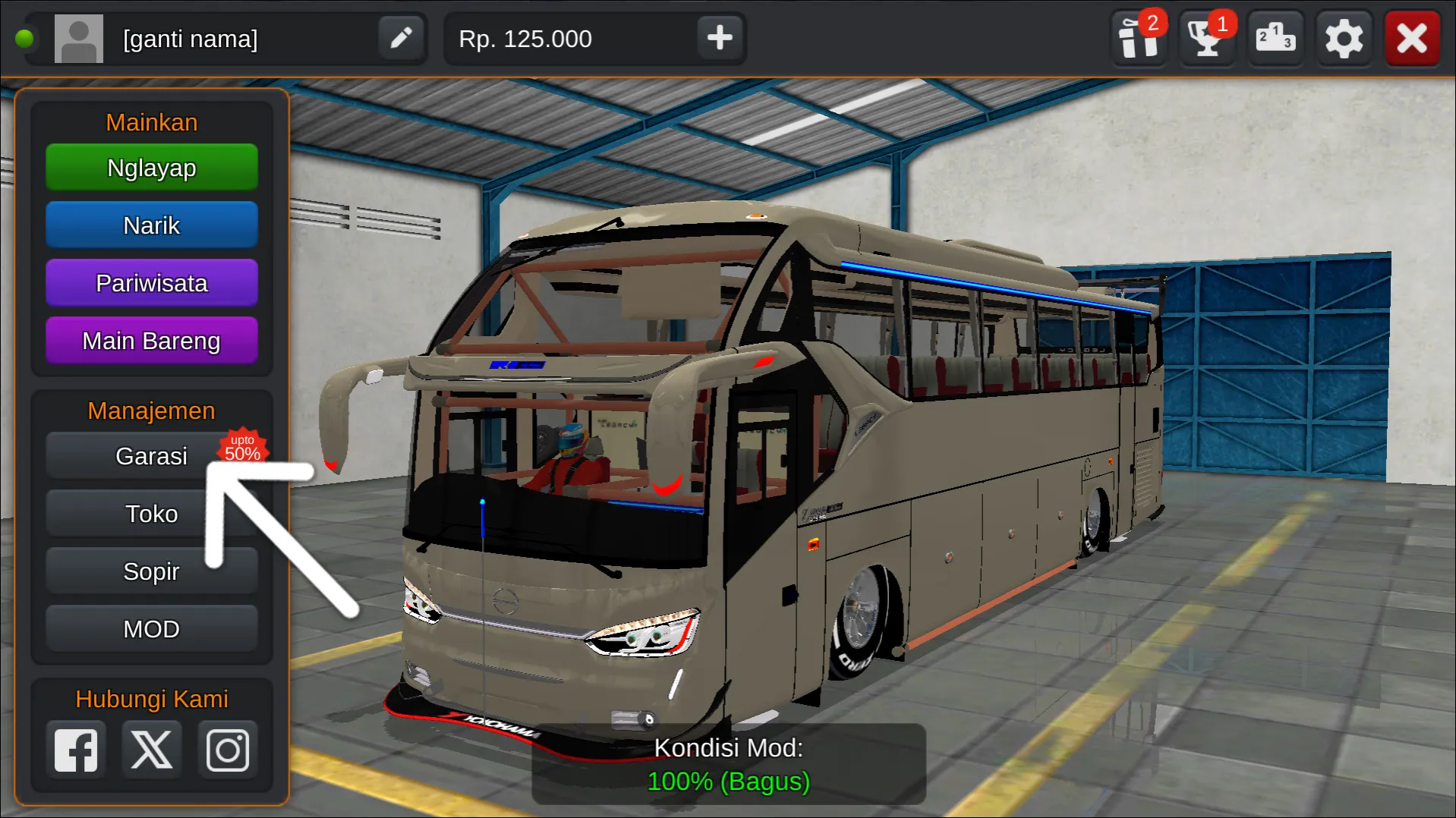 Langkah 1 Tekan menu Garasi - Livery Bussid Doble Decker Racing