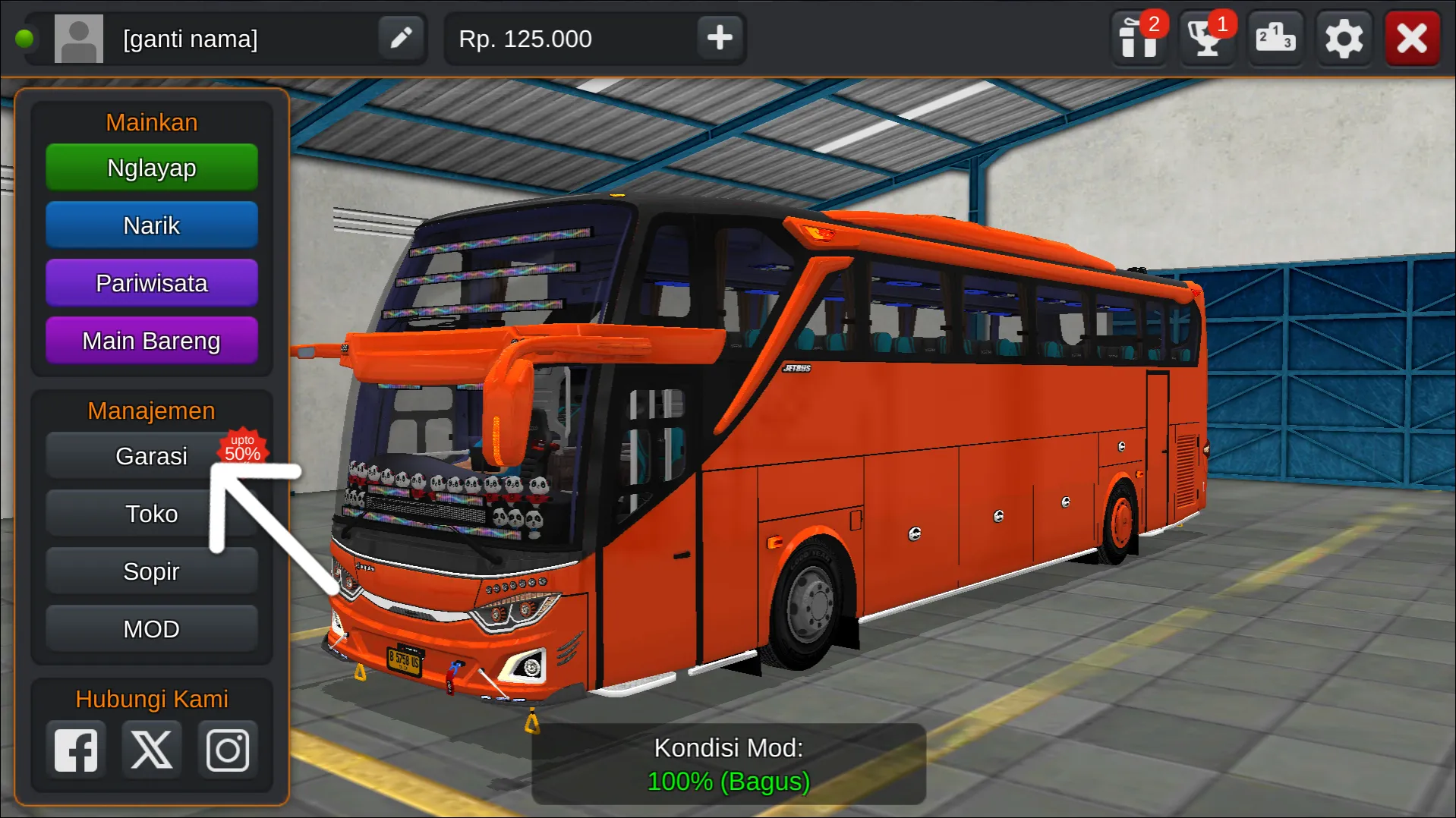 Langkah 1 Tekan menu Garasi - Livery Bussid Rosalia Indah