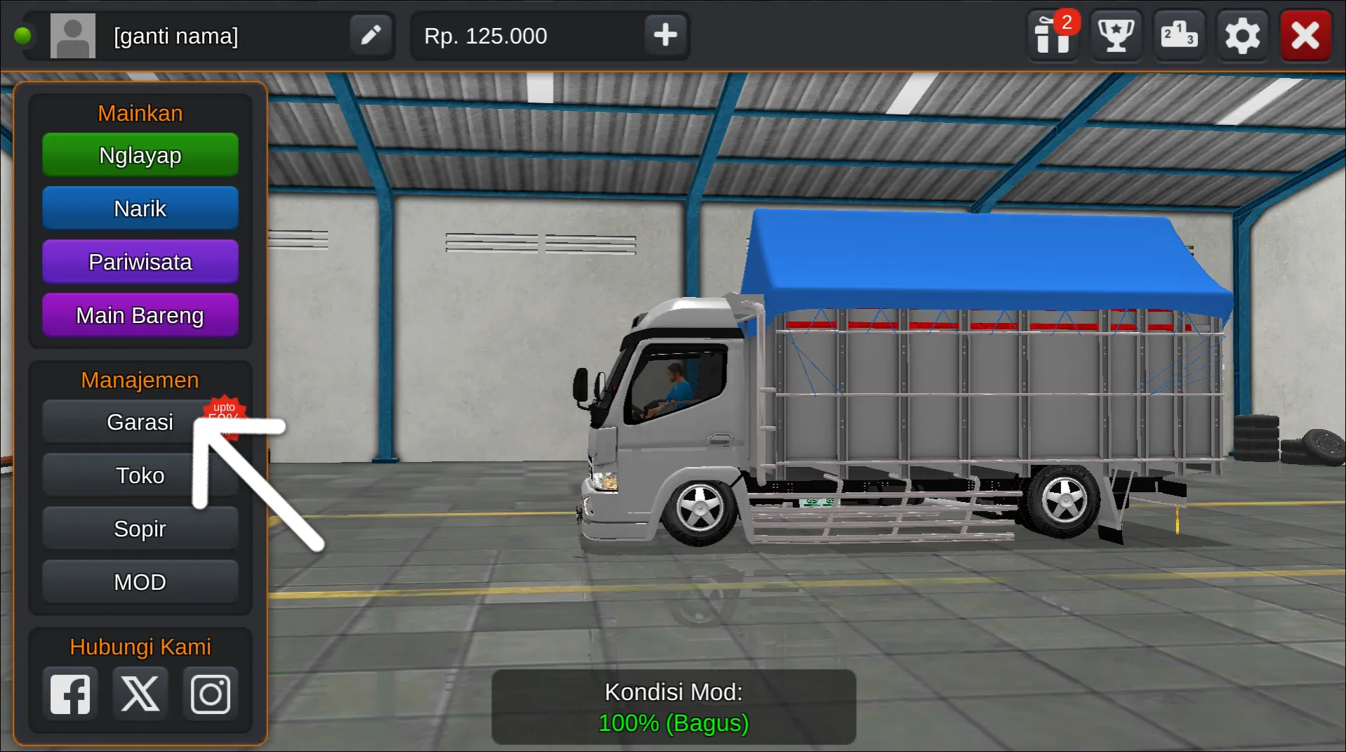 Langkah 1 Tekan menu Garasi - Livery Bussid Truck Canter