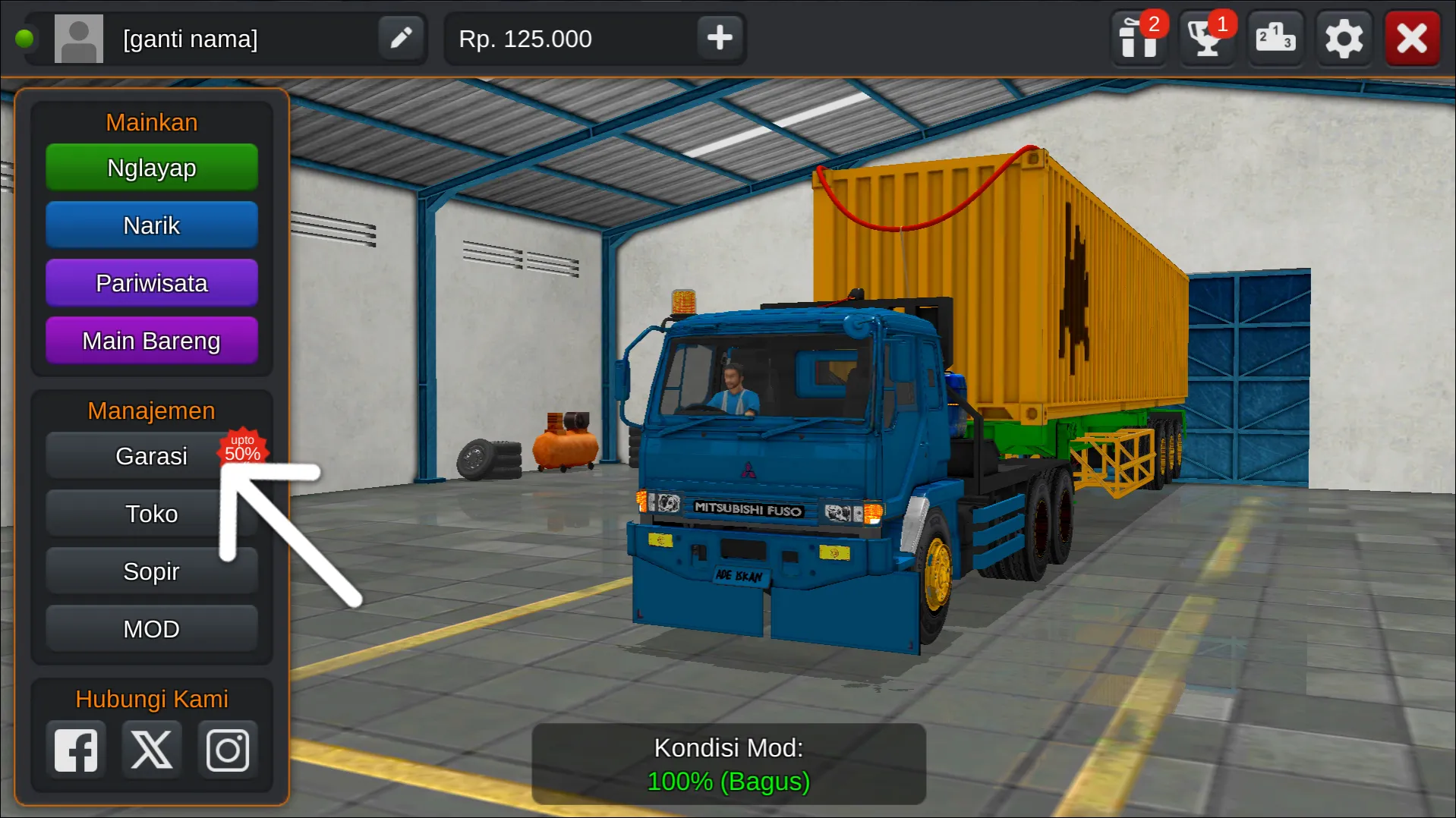 Langkah 1 Tekan menu Garasi - Livery Bussid Truck Peti Kemas