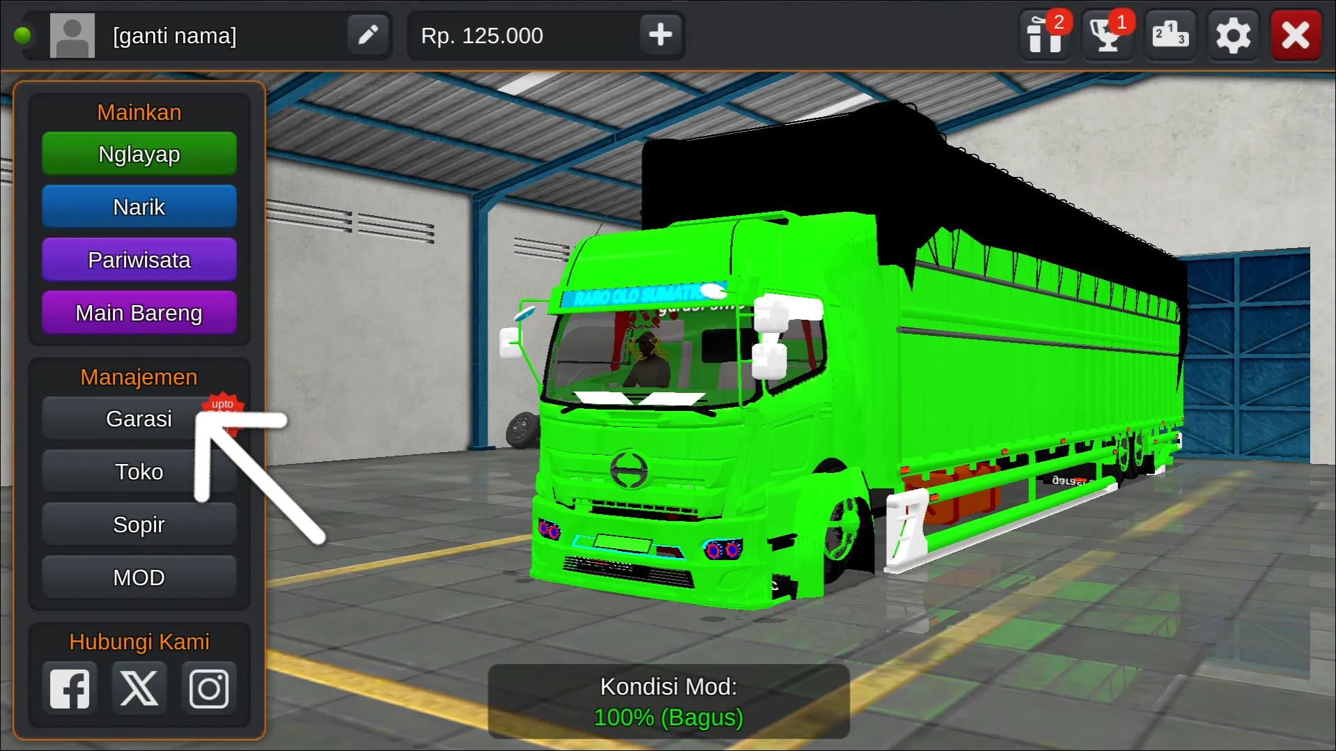 Langkah 1 Tekan menu Garasi - Livery Bussid Truck Tronton