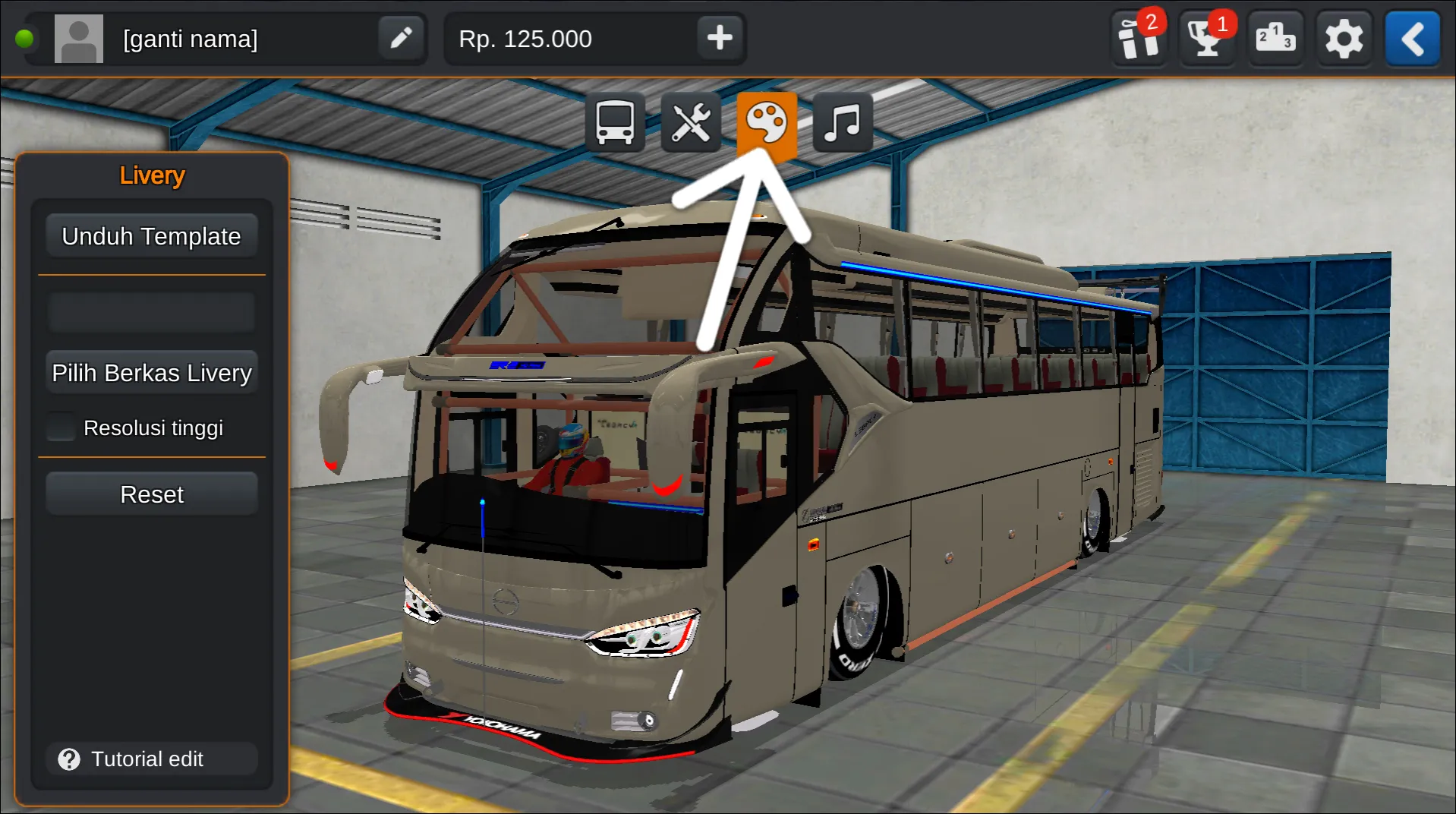 Langkah 2 Tekan ikon Palet Warna - Livery Bussid Doble Decker Racing