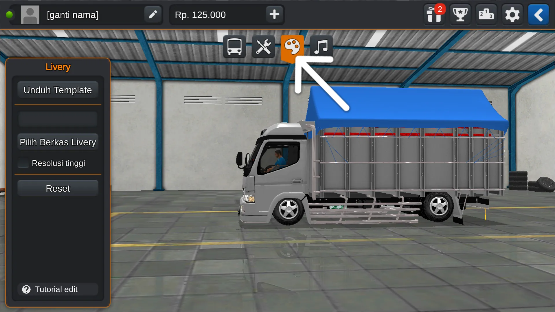 Langkah 2 Tekan ikon Palet Warna - Livery Bussid Truck Canter