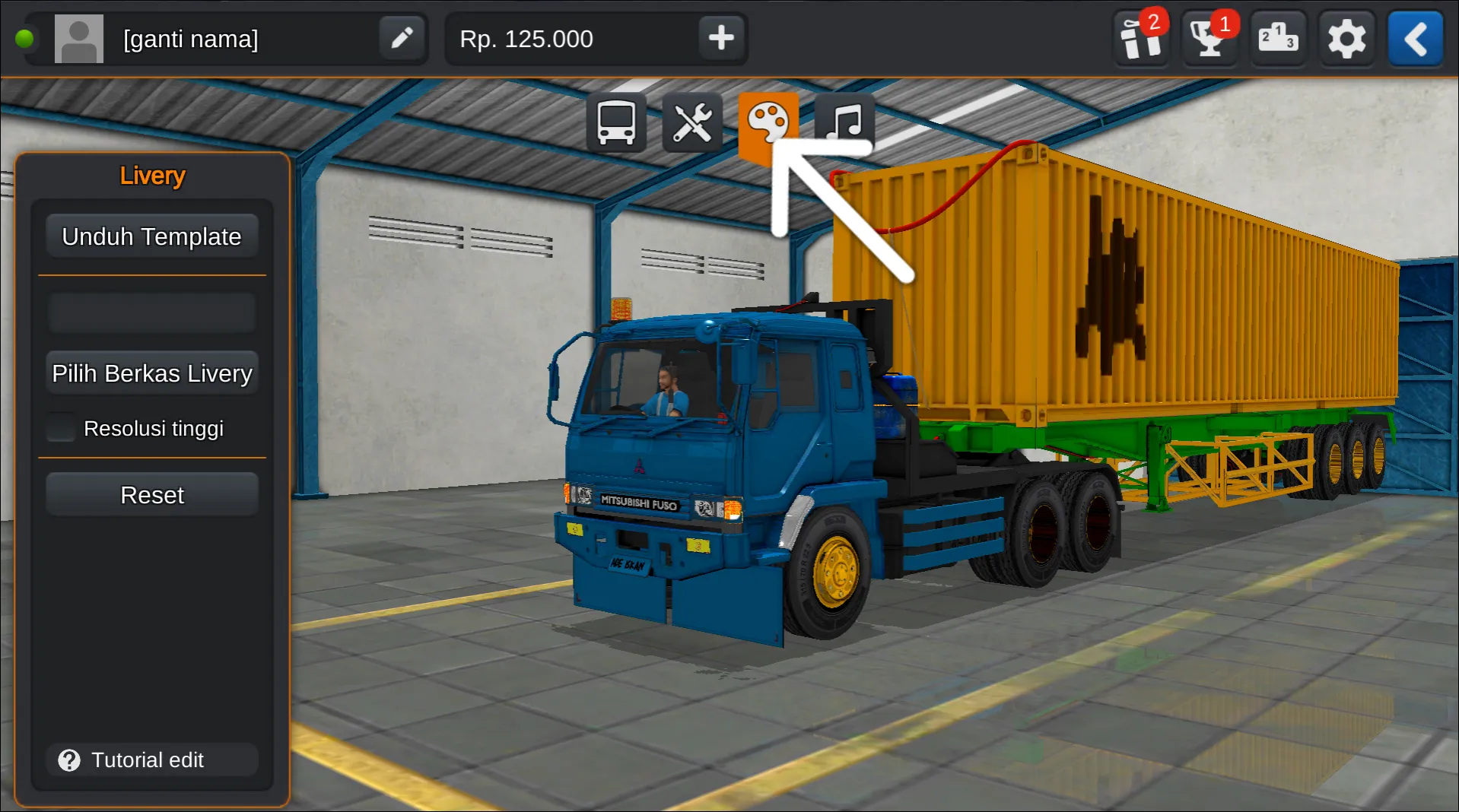 Langkah 2 Tekan ikon Palet Warna - Livery Bussid Truck Peti Kemas