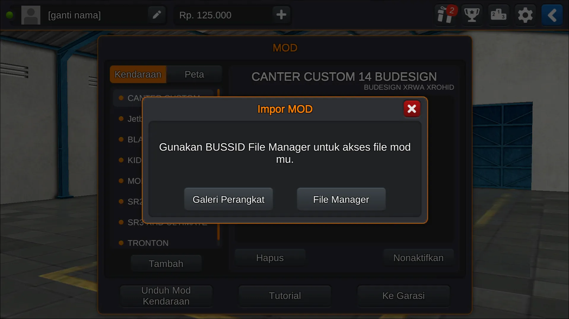 Langkah 3 Memilih tempat berkas penyimpanan MOD - Livery BUSSID Truck Canter